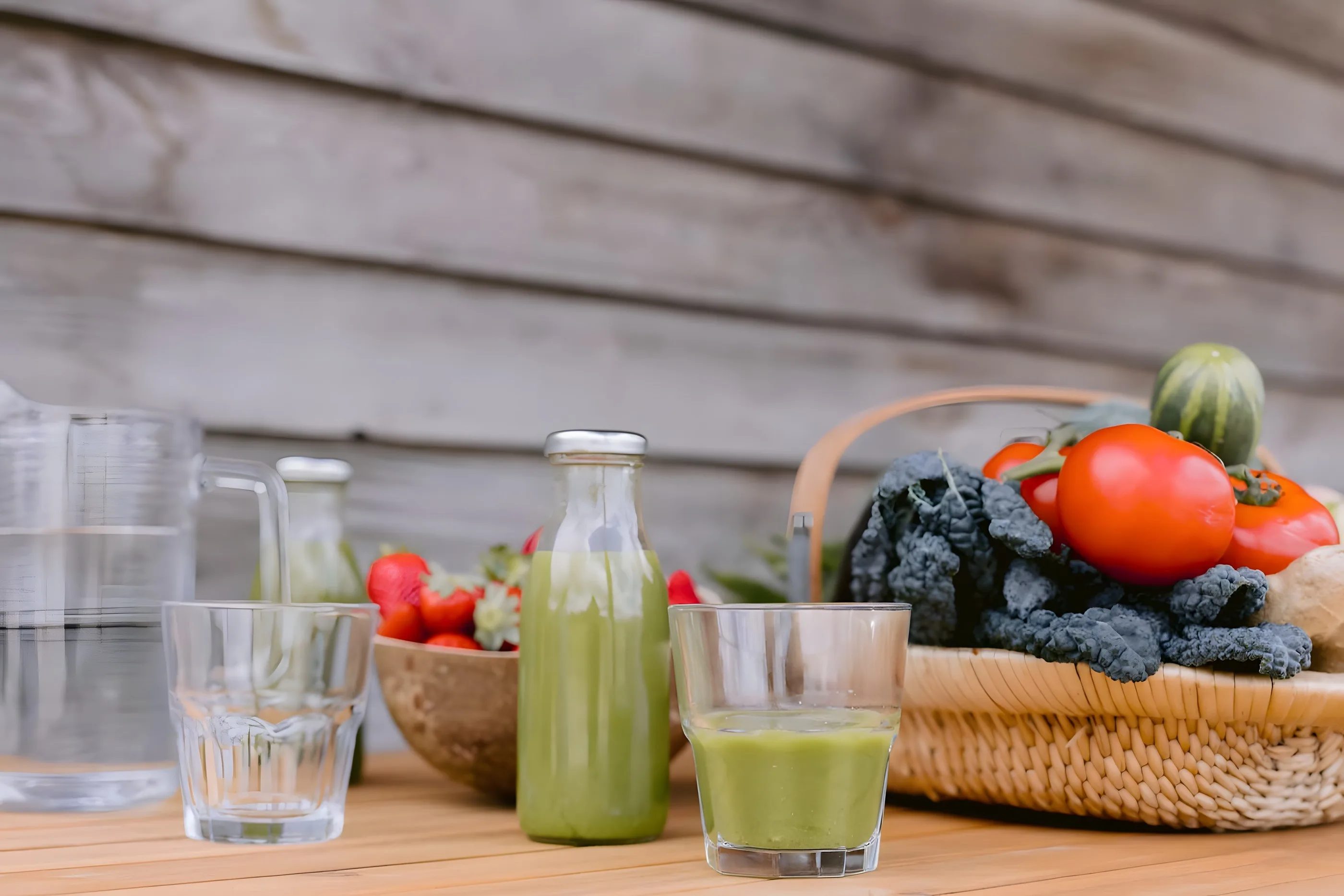A green smoothie, fresh vegetables and water on a kitchen table