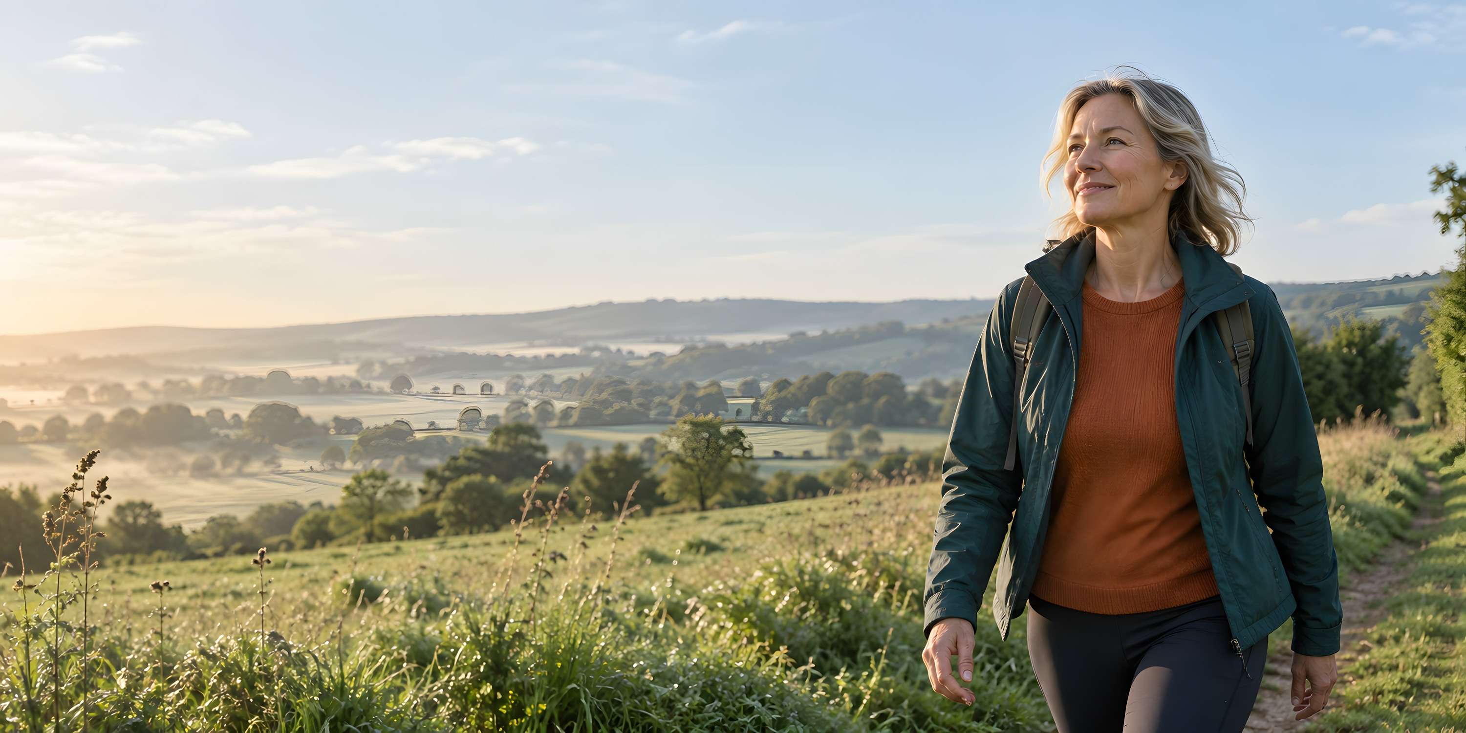 A woman walking in the countryside, representing active and resilient health