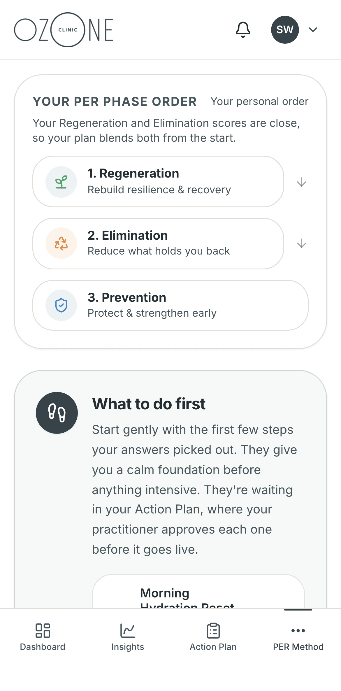 The member portal on a phone showing a member’s PER phase order: Regeneration, Elimination, then Prevention